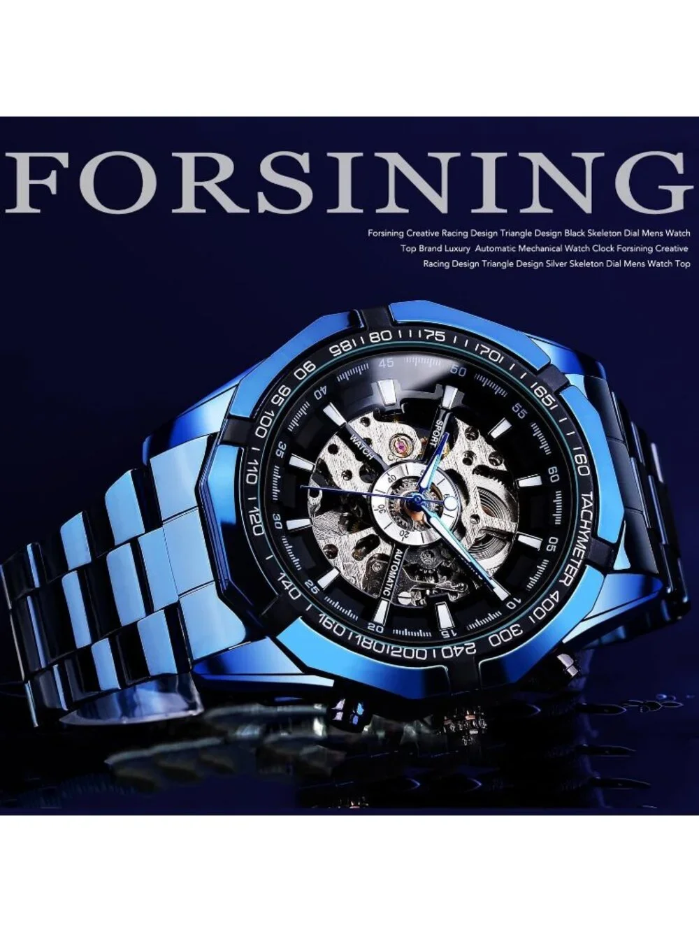 Men's Blue Black Self-Wind Skeleton Hollow Out Mechanical Automatic Luxury Watch